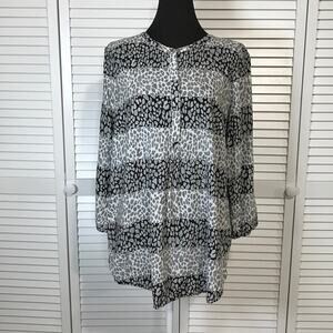 Liz Claiborne Studio Gray Striped Leopard Print Tunic Blouse Women L